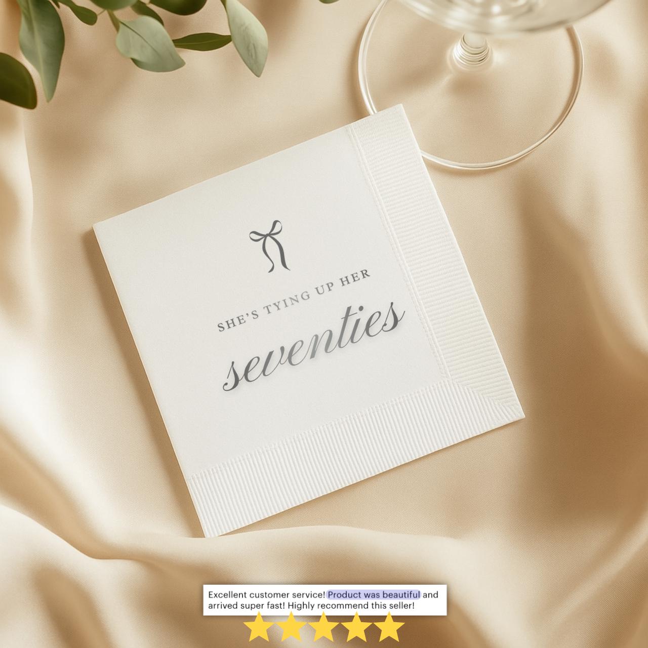 She's Tying Up Her Seventies | Personalized 80th Birthday Napkins