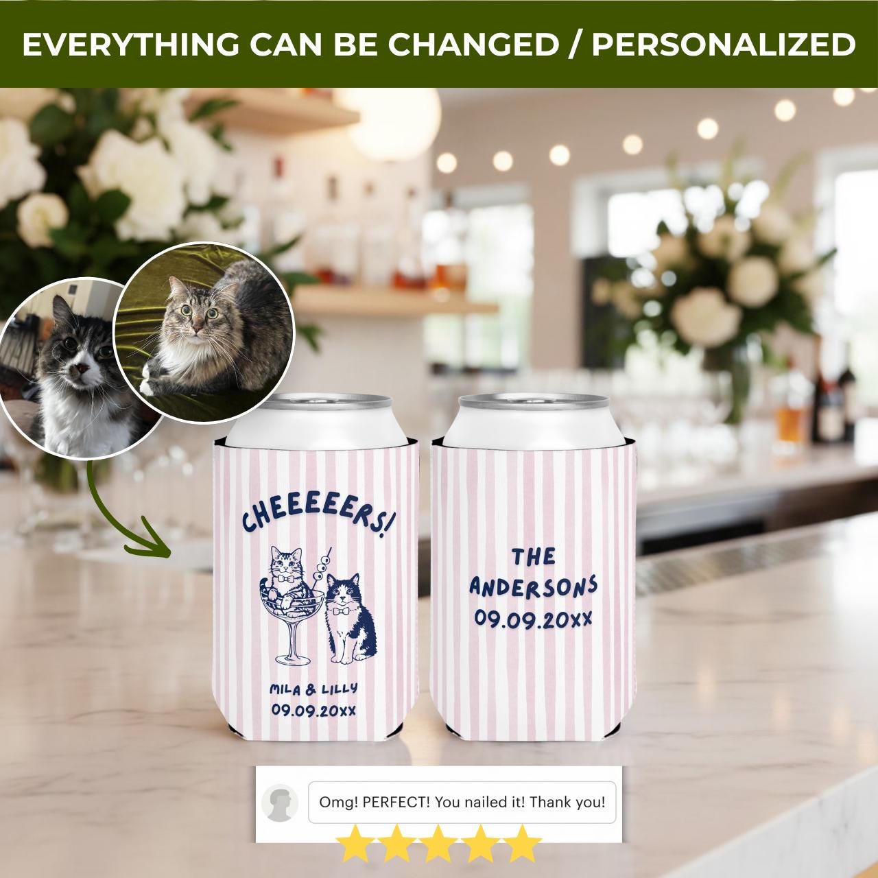 Cat in a Glass Cheers | Custom Cat Wedding Koozies
