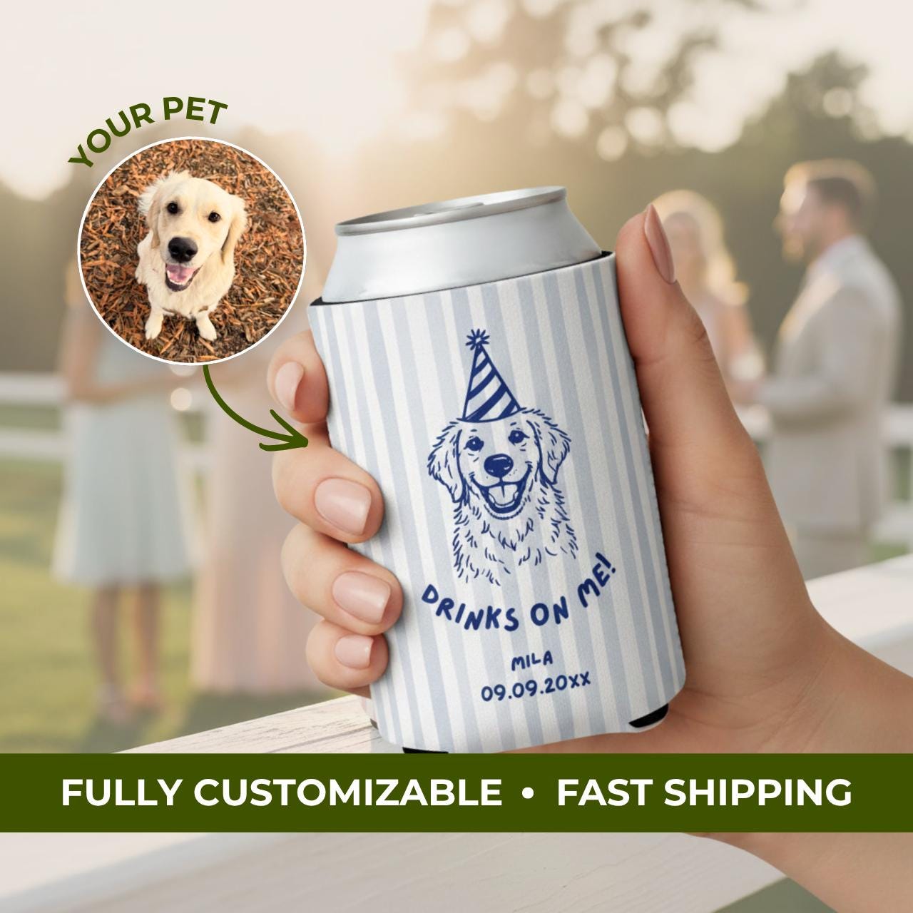 Drinks on Me Pet Portrait | Custom Dog Wedding Koozies