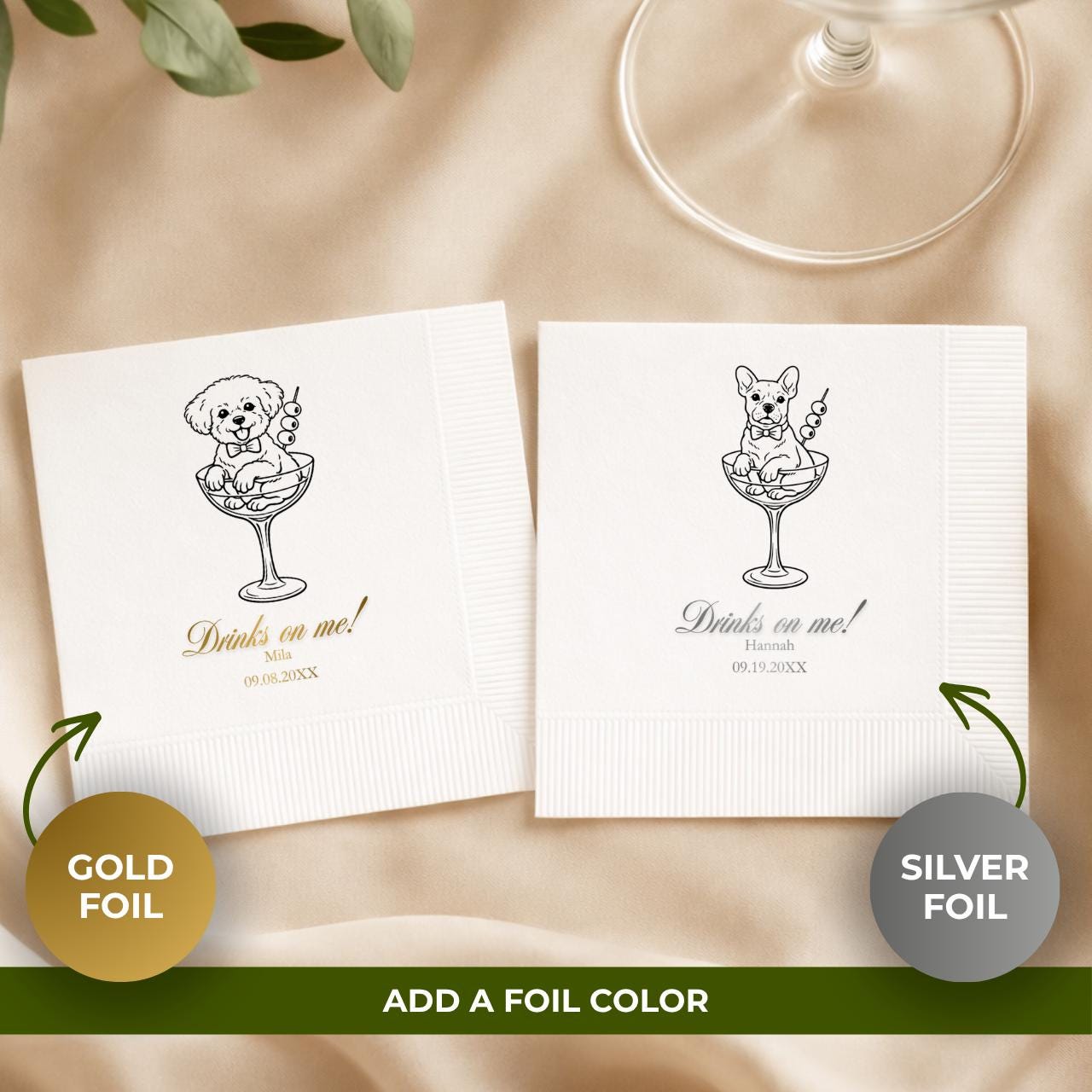 Dog in a Glass Drinks on Me | Custom Dog Wedding Napkins