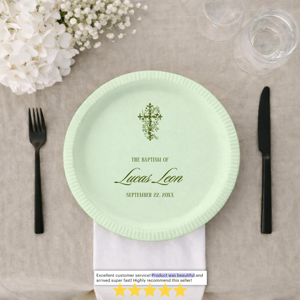 Ornate Gold Cross | Name & Date | Personalized Baptism Plates