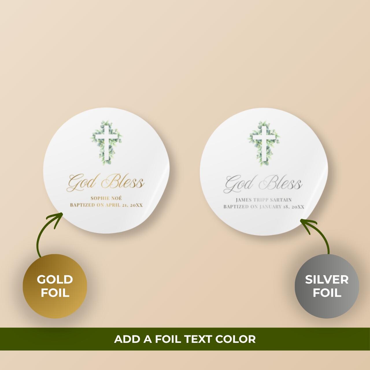 Eucalyptus Cross | Name & Date | Personalized Baptism Stickers