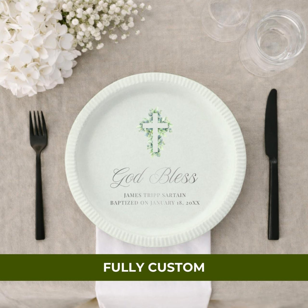 Eucalyptus Cross | Name & Date | Personalized Baptism Plates