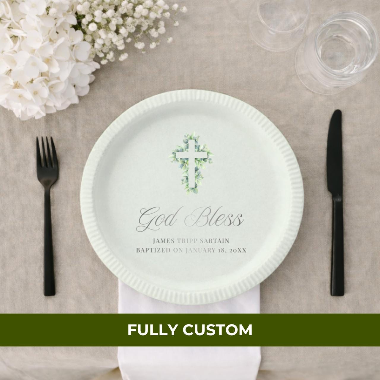 Eucalyptus Cross | Name & Date | Personalized Baptism Plates