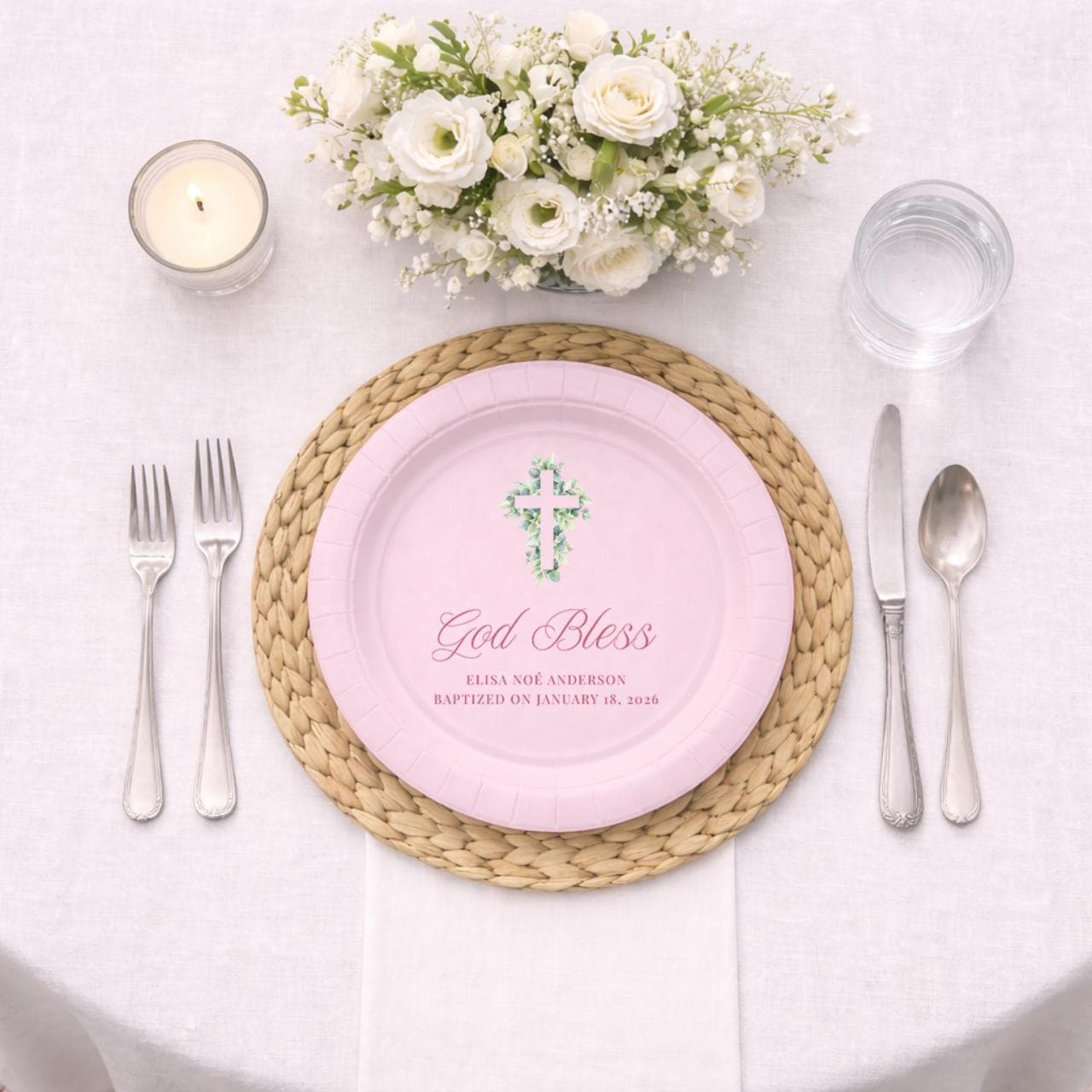 Eucalyptus Cross | Name & Date | Personalized Baptism Plates