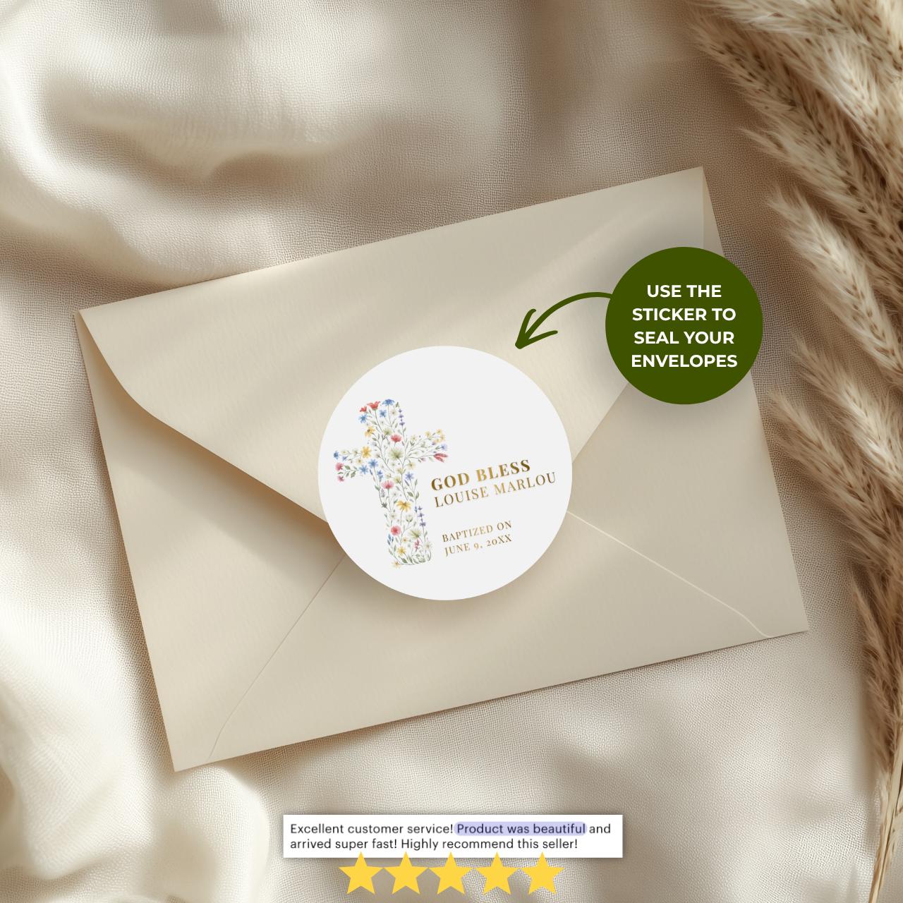 Floral Cross God Bless | Name & Date | Personalized Baptism Stickers