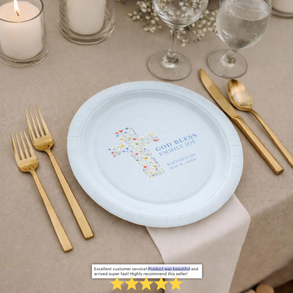 God Bless Floral Cross | Baptism Paper Plates