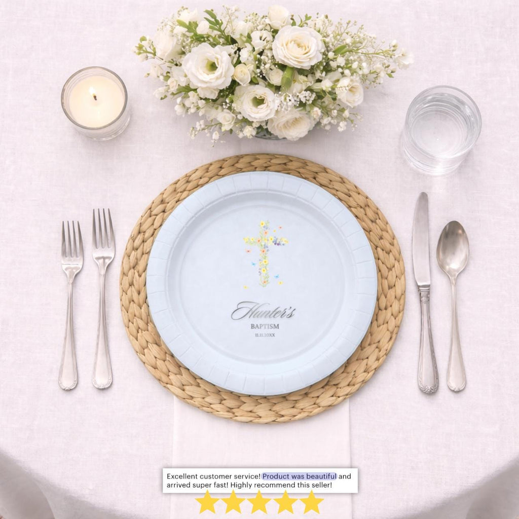 Wildflower Cross & Butterflies | Name & Date | Personalized Baptism Plates