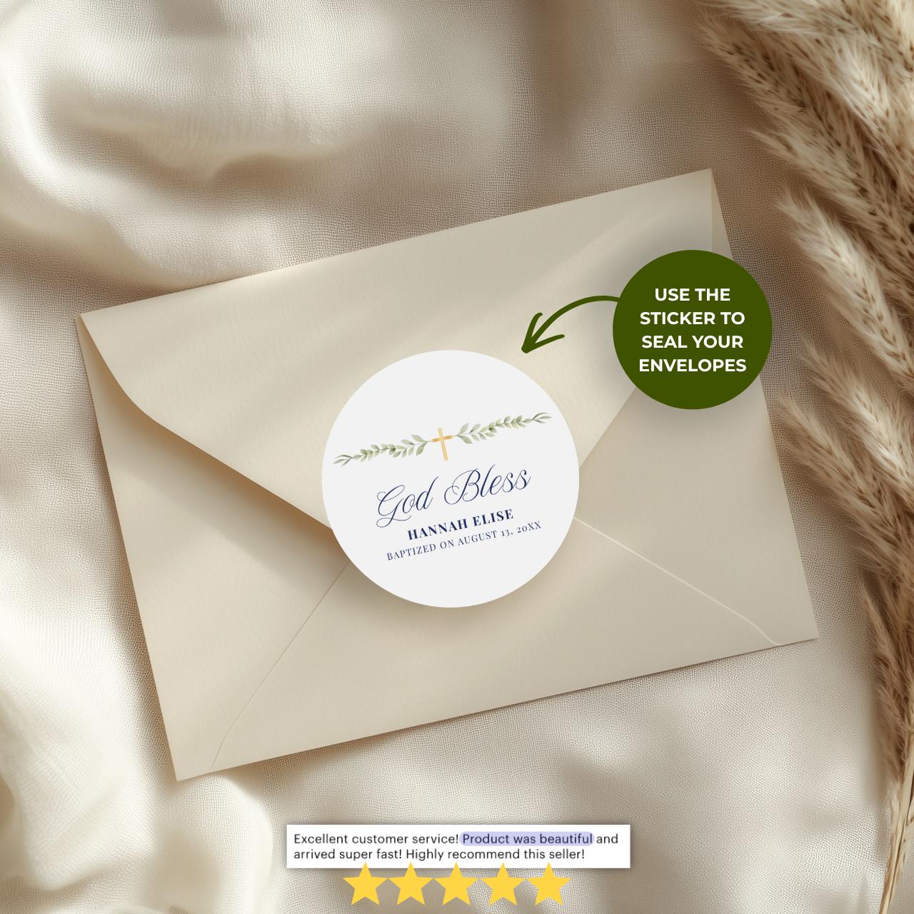 God Bless Greenery | Name & Date | Personalized Baptism Stickers