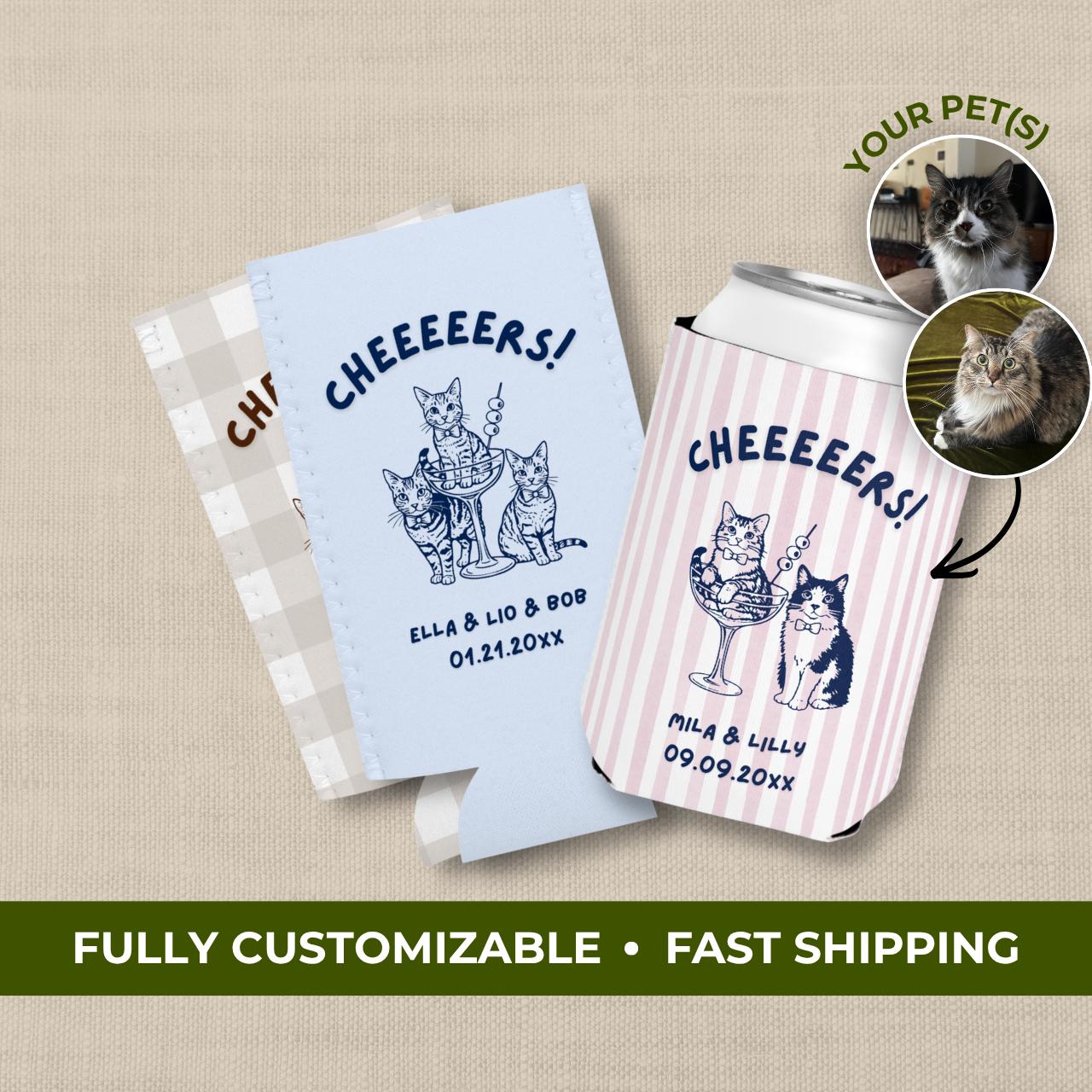 Cat in a Glass Cheers | Custom Cat Wedding Koozies