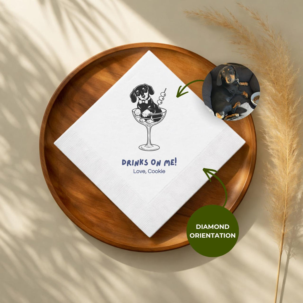 Dog in a Glass Drinks on Me | Custom Dog Wedding Napkins