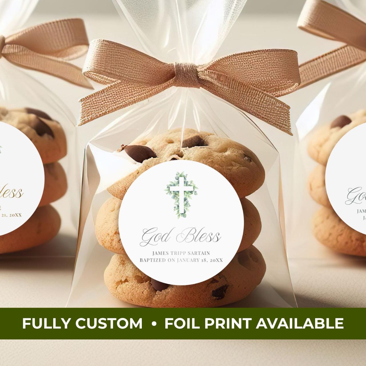 Eucalyptus Cross | Name & Date | Personalized Baptism Stickers