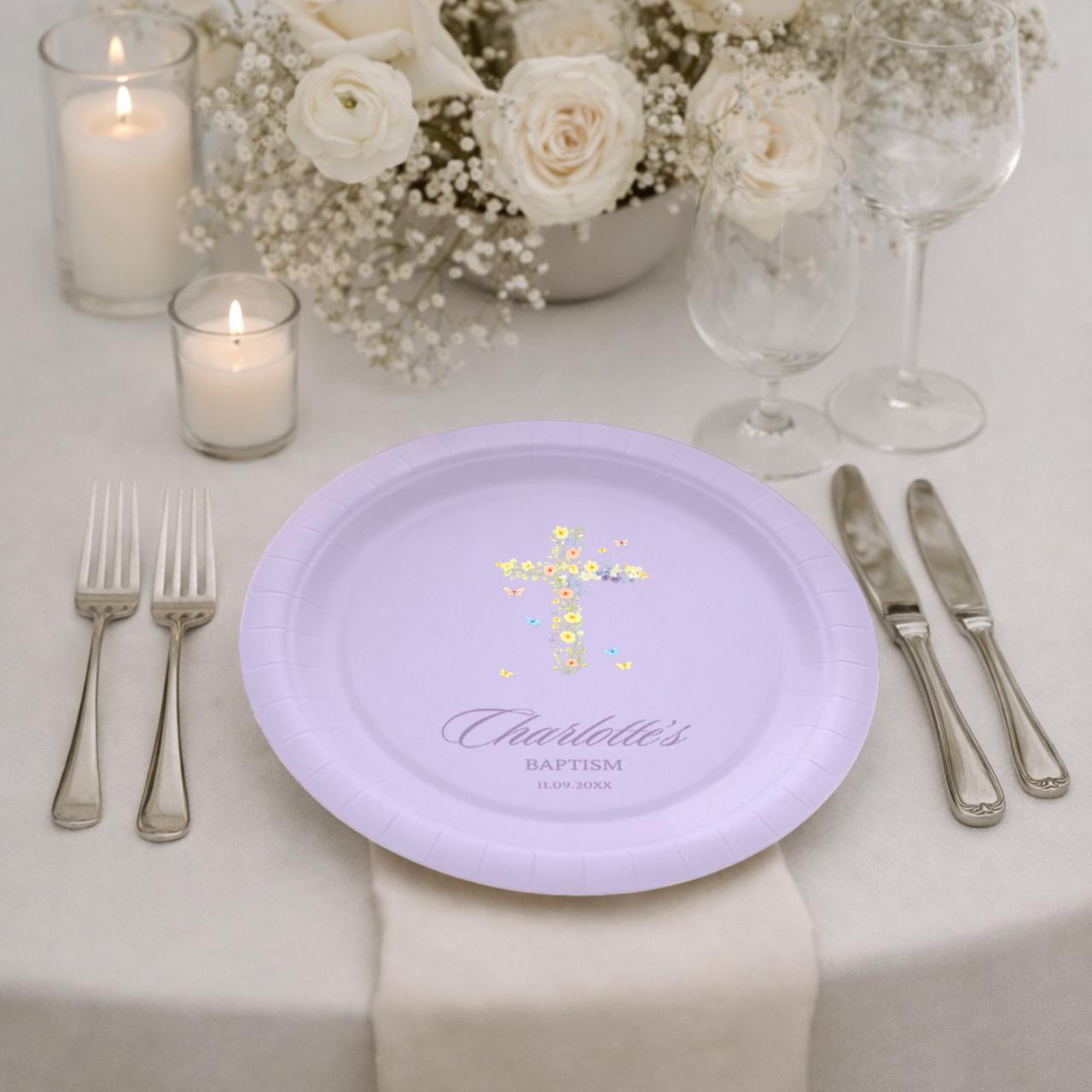 Wildflower Cross & Butterflies | Name & Date | Personalized Baptism Plates