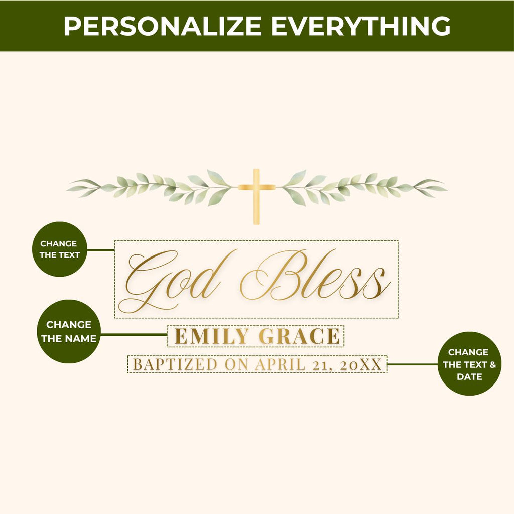 God Bless Greenery | Name & Date | Personalized Baptism Stickers