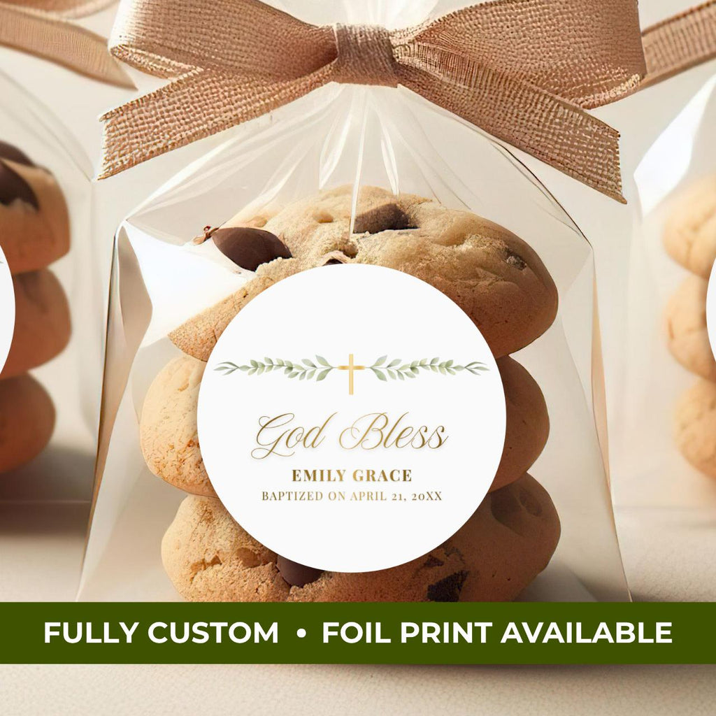 God Bless Greenery | Name & Date | Personalized Baptism Stickers