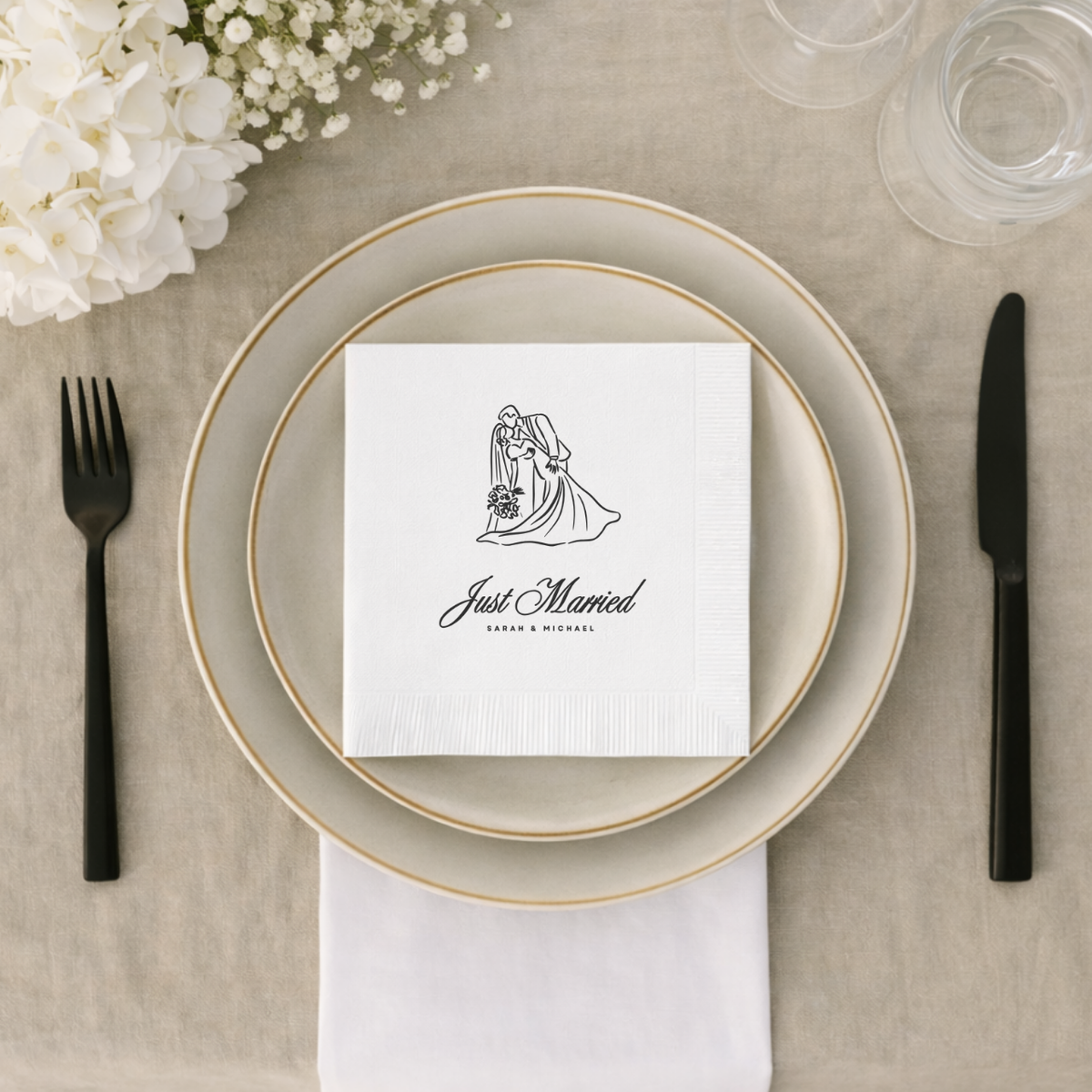 Wedding napkin with a first dance illustration and Just Married
