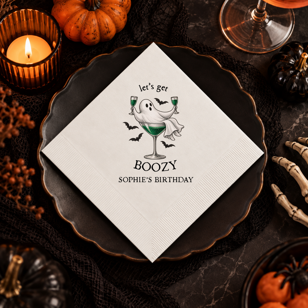 Custom ghost napkins printed in the USA, Lets Get Boozy ghost design