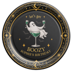 Personalized black Lets Get Boozy Halloween paper plate with a ghost in a green cocktail, birthday name below