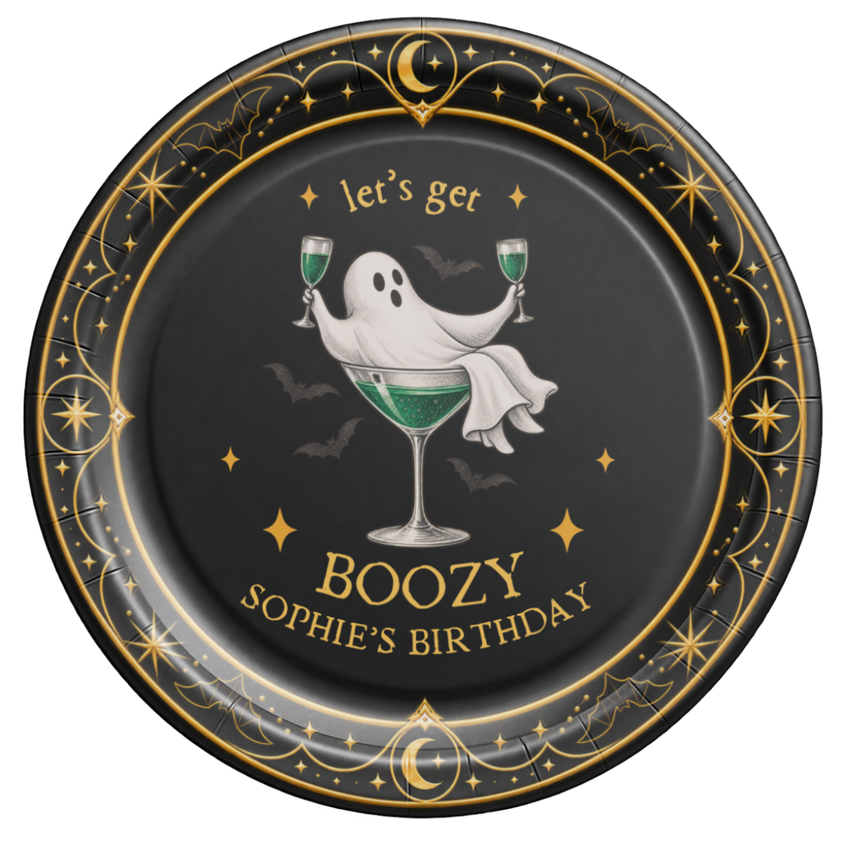 Personalized black Lets Get Boozy Halloween paper plate with a ghost in a green cocktail, birthday name below
