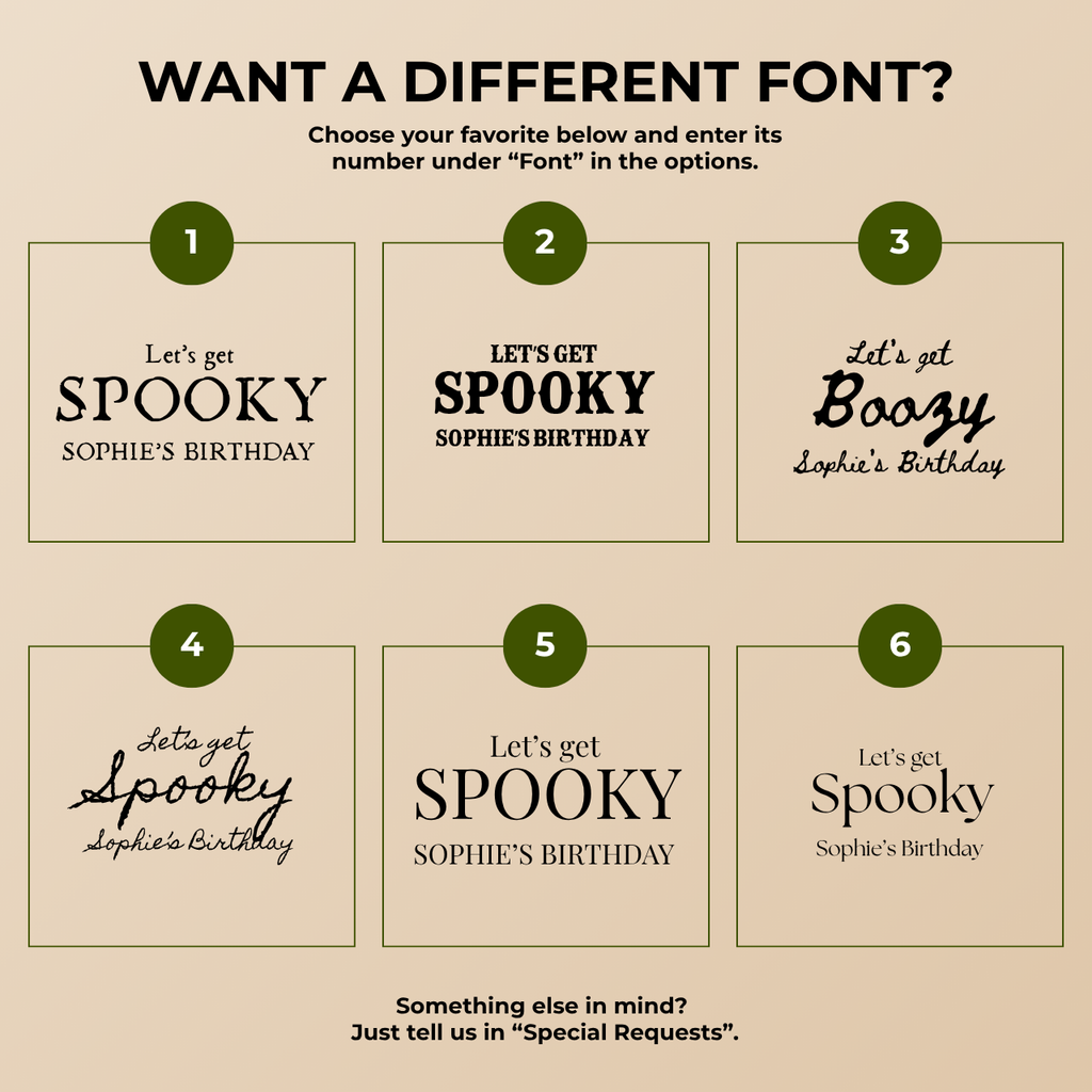 Font chart with six font options for the personalized Lets Get Boozy ghost Halloween paper plates