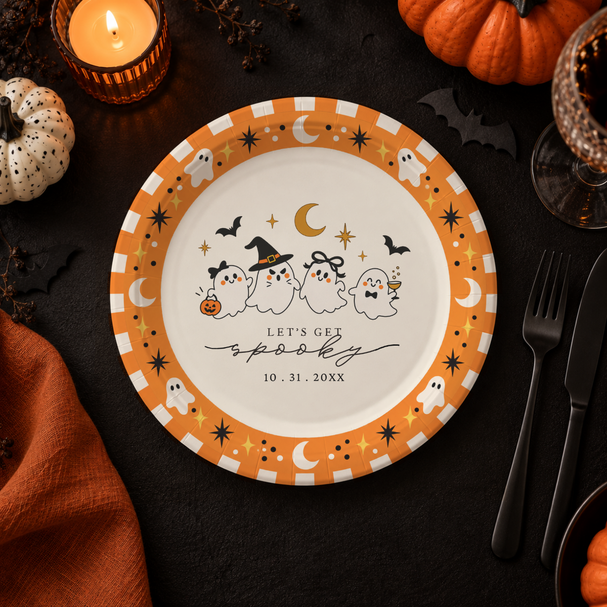 Cute ghost paper plates personalized with your name, the four cute ghosts with Lets Get Spooky inside an orange striped border