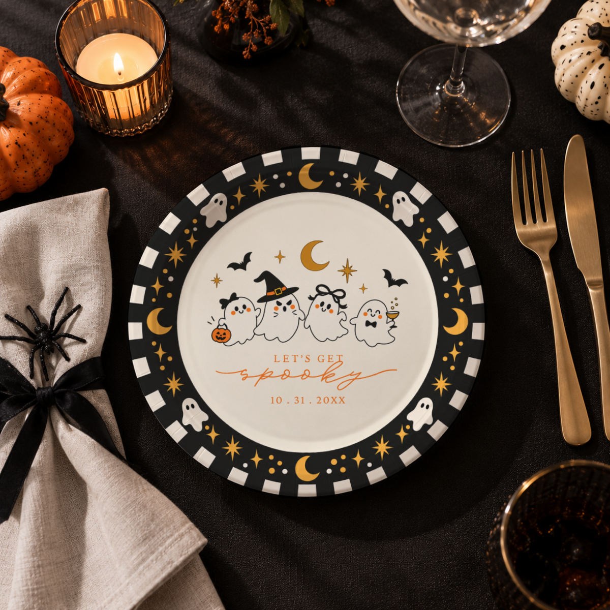 Custom cute ghost paper plates for a Halloween party, four cute ghosts with Lets Get Spooky inside an orange striped border