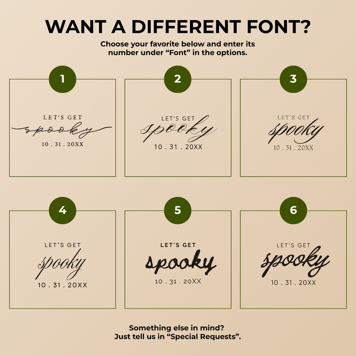 Font chart with six font options for the personalized Lets Get Spooky ghosts Halloween paper plates