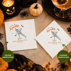 Personalized Halloween paper napkins with the skeleton hand holding an eyeball martini with Lets Get Spooky