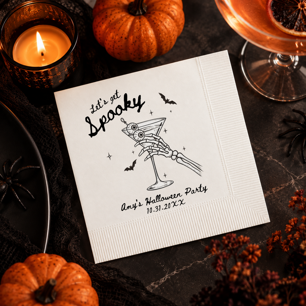 Lets Get Spooky skeleton Halloween cocktail napkins with custom wording