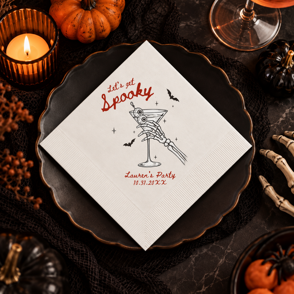 Custom Halloween cocktail napkins printed in the USA, Lets Get Spooky skeleton design