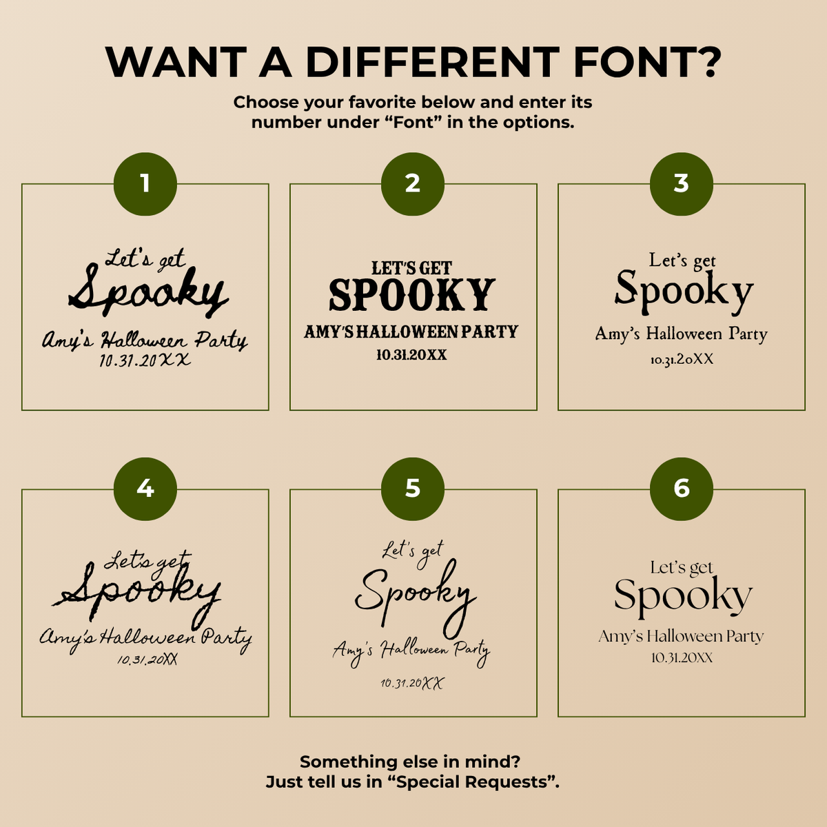 Font chart with the font options for the personalized Lets Get Spooky Halloween cocktail napkins