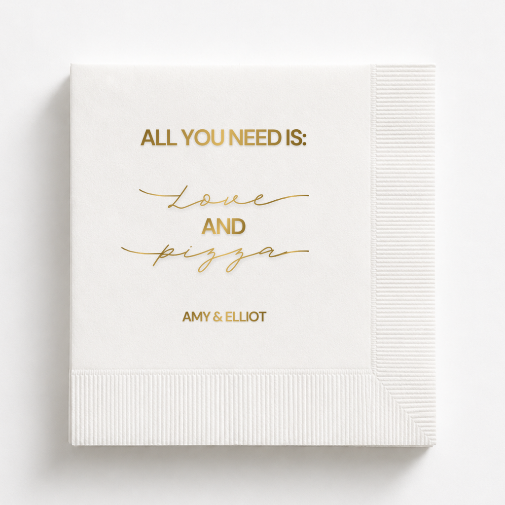 Love And Pizza Script rehearsal dinner napkin with names