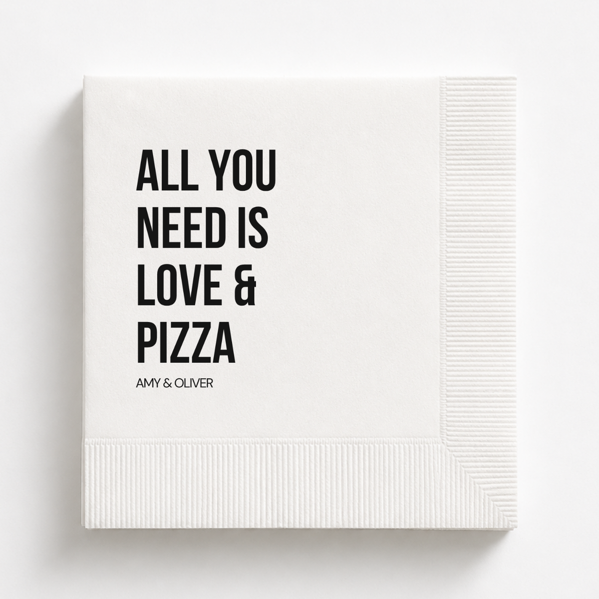 Love & Pizza Bold rehearsal dinner napkin with the couple's names