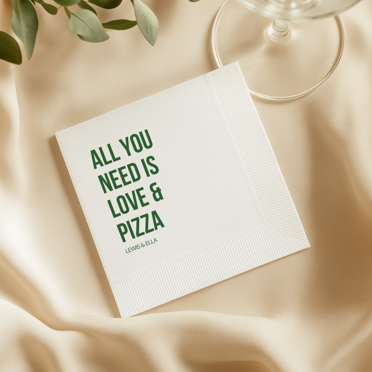 Rehearsal dinner napkin with love and pizza in bold lettering