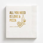 Love & Pizza rehearsal dinner napkin with the couple's names