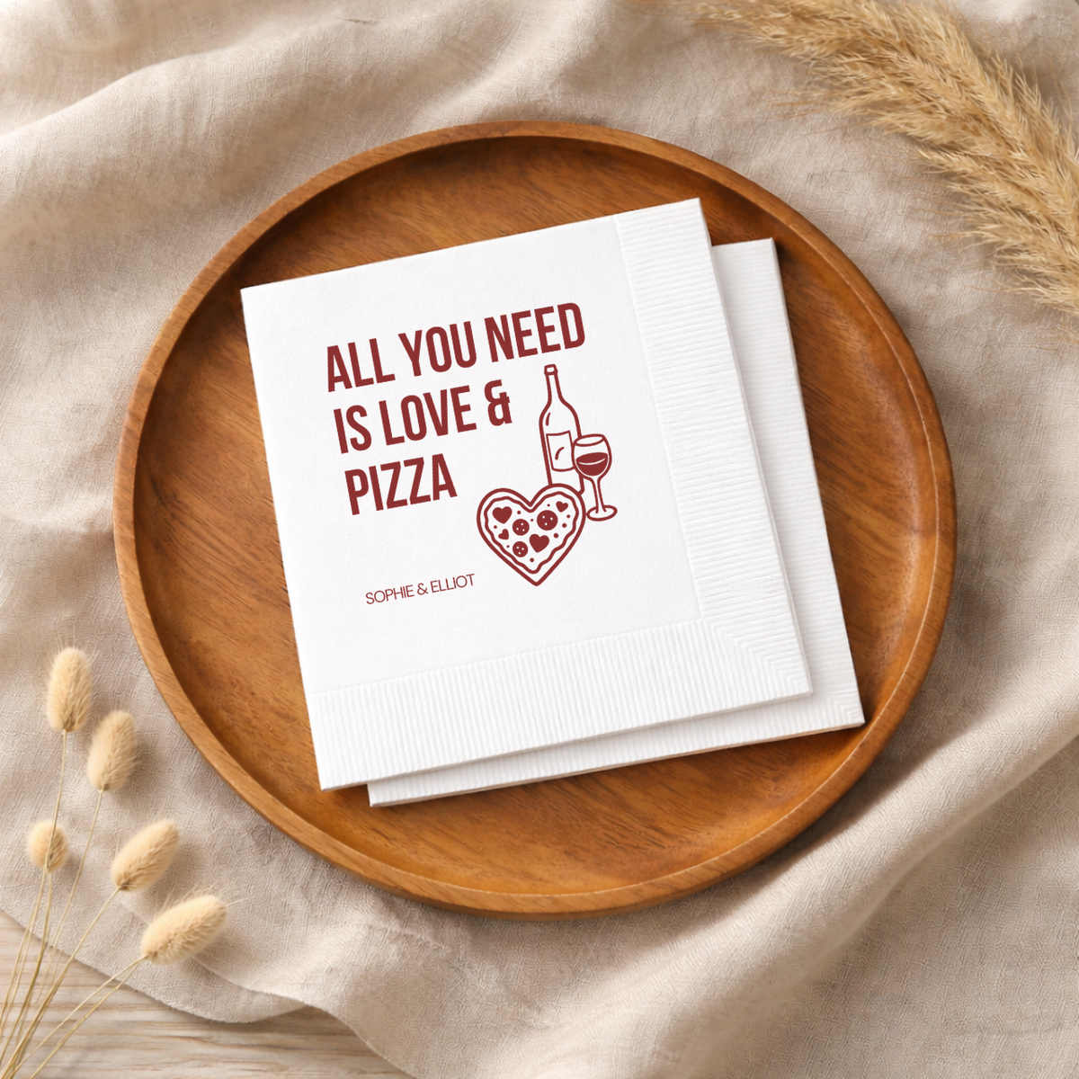 Rehearsal dinner napkin with a love and pizza illustration