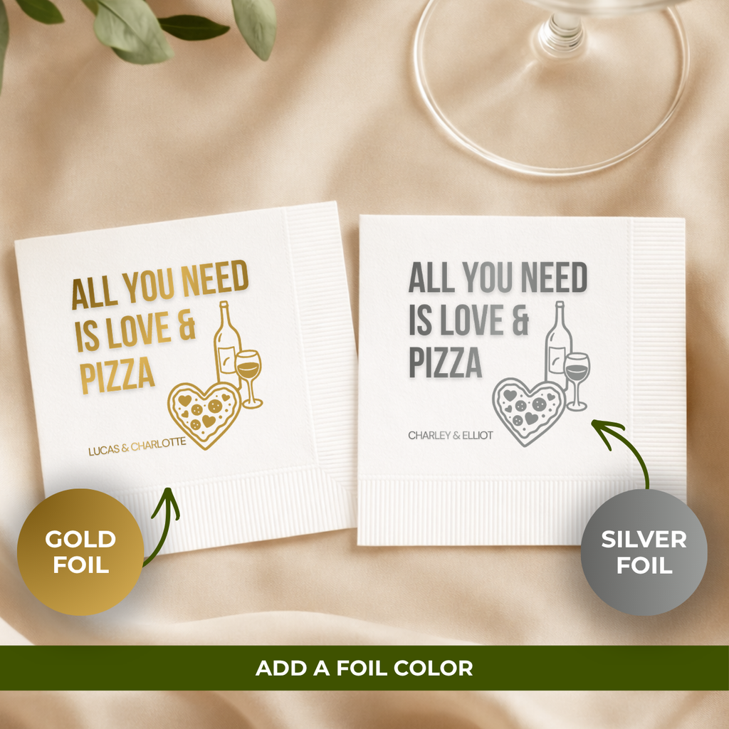 Love & Pizza rehearsal dinner cocktail napkins