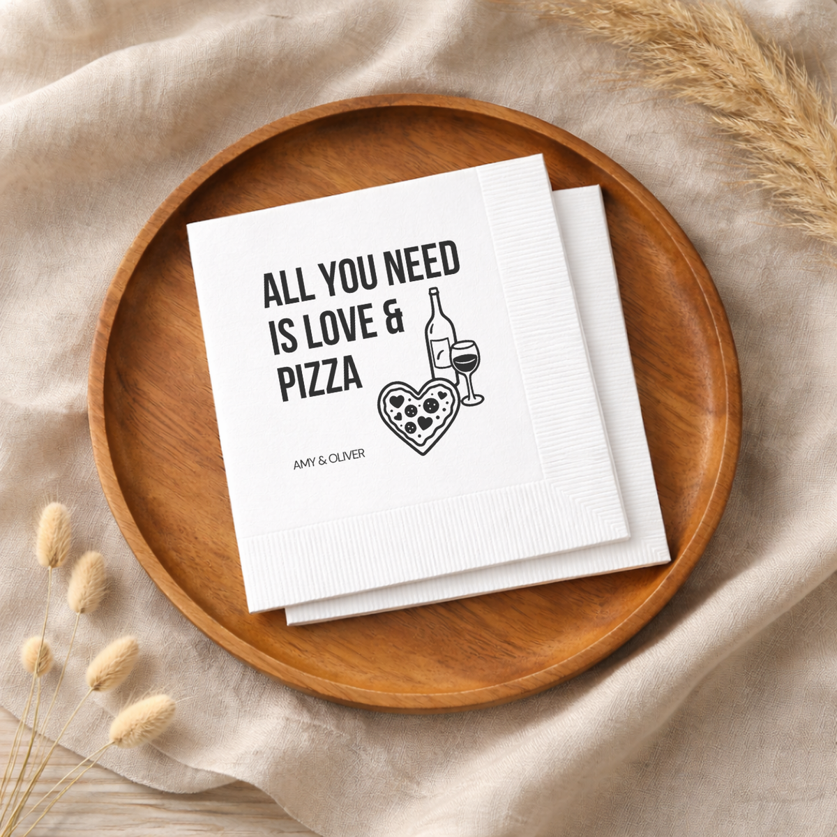 Custom rehearsal dinner napkins with a pizza design