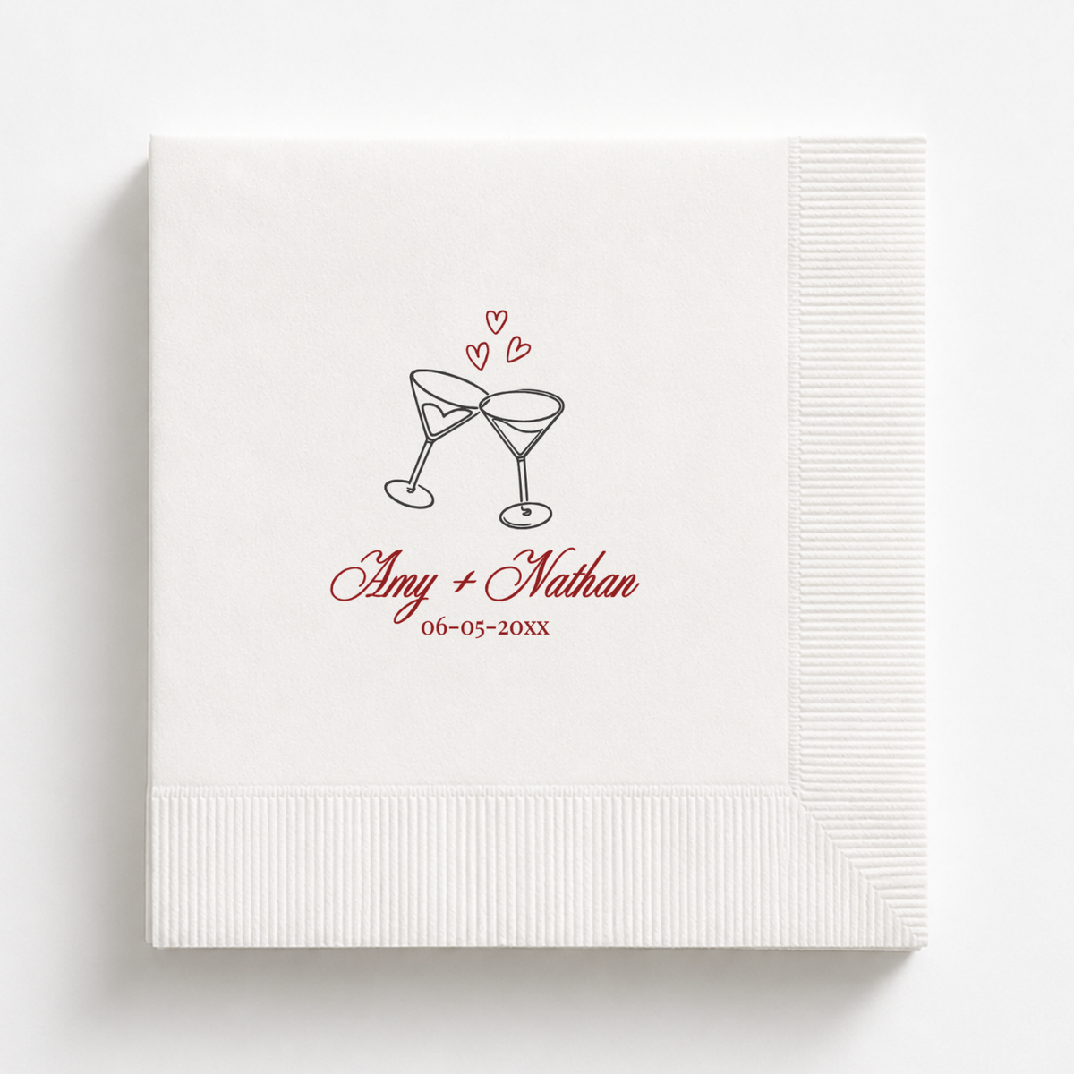 Martini Toast & Hearts wedding napkin with names and date
