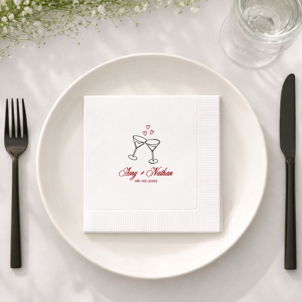 Wedding napkin with two martini glasses and small hearts
