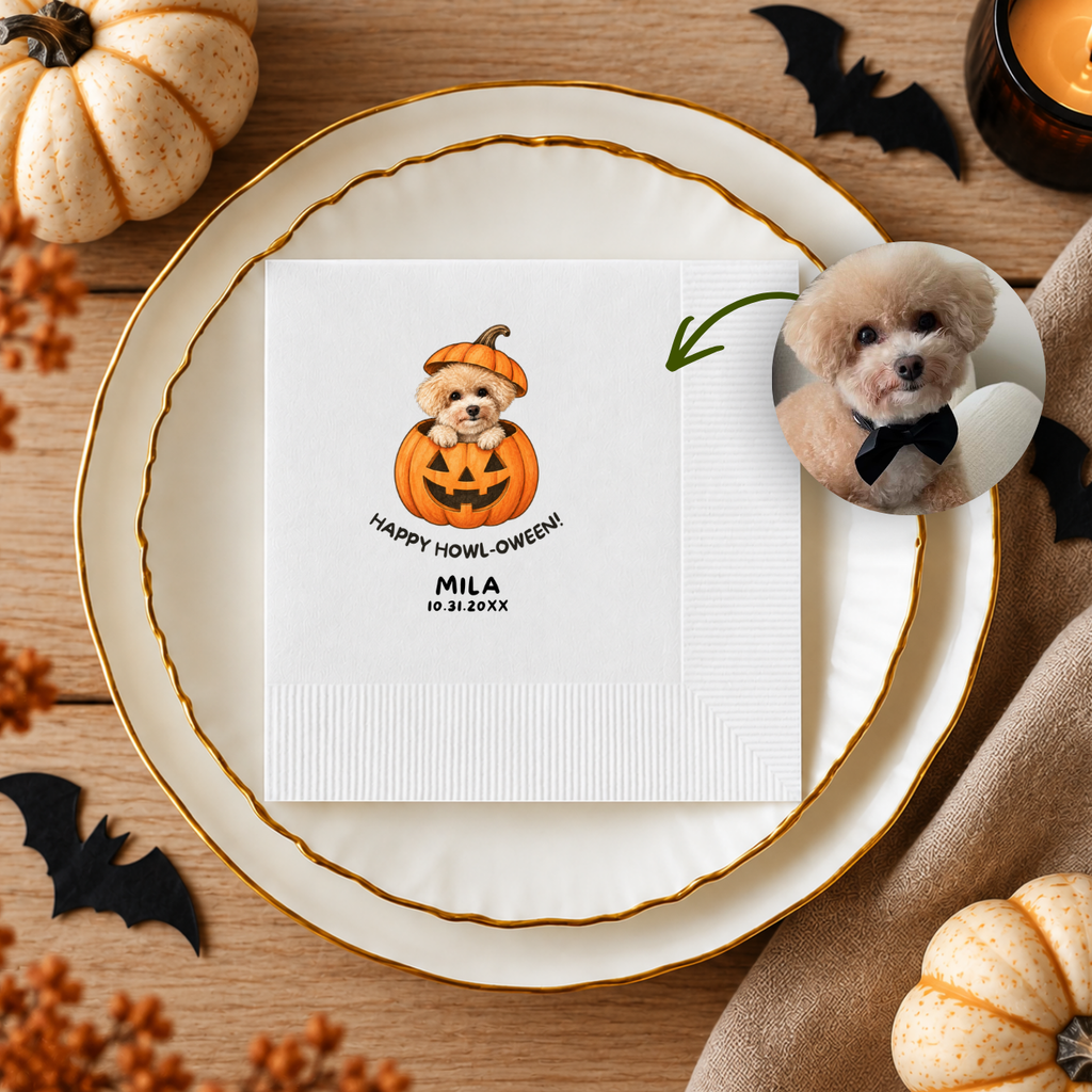 Pumpkin cat napkins personalized with your pet's name and date, cat peeking out of a jack-o-lantern under Happy Meow-loween