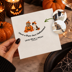 Custom pumpkin cat napkins for a Halloween party, cat peeking out of a jack-o-lantern under Happy Meow-loween