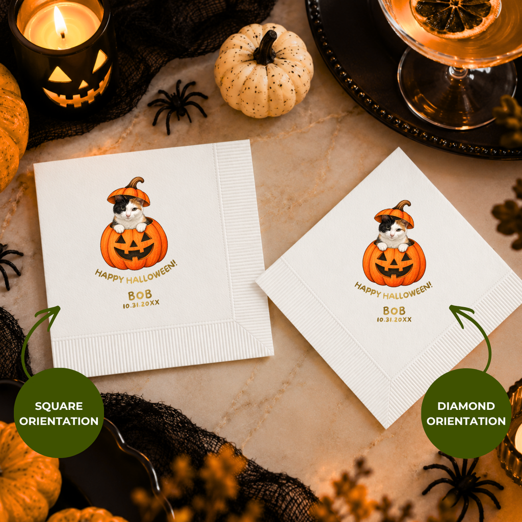 Personalized Halloween paper napkins with the cat peeking out of a jack-o-lantern under Happy Meow-loween