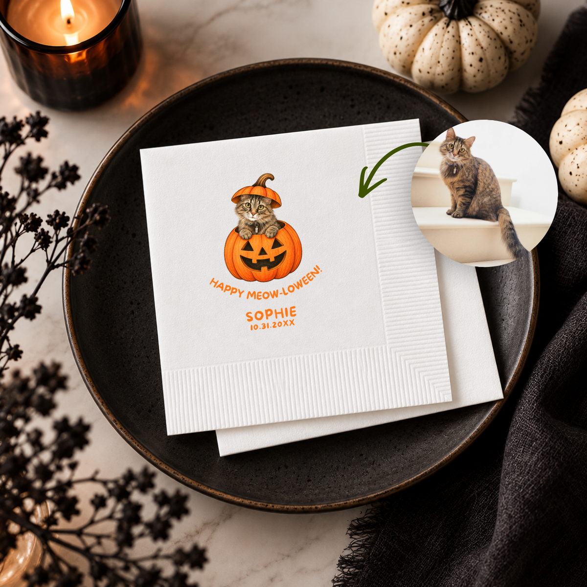 Personalized fall napkins with the cat peeking out of a jack-o-lantern under Happy Meow-loween