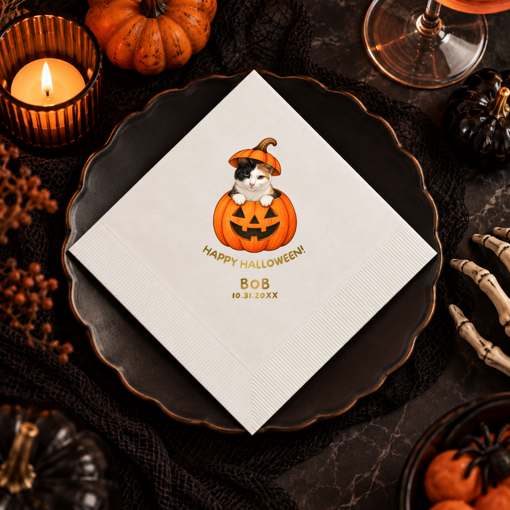 Custom pumpkin cat napkins printed in the USA, Meow-loween cat design