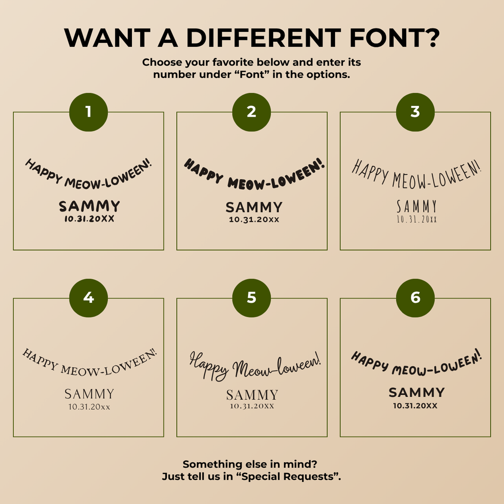 Font chart with the font options for the personalized Meow-loween pumpkin cat napkins
