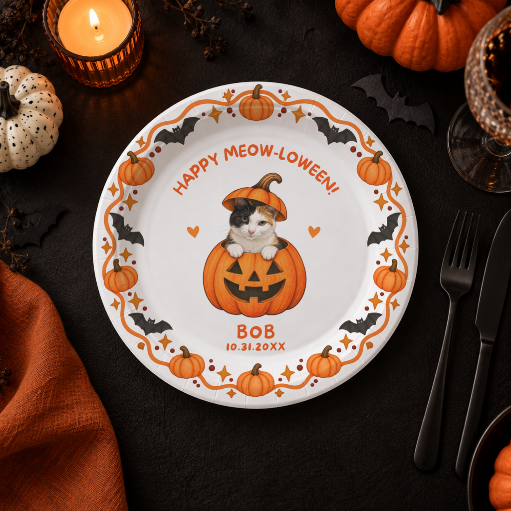 Custom pumpkin cat paper plates for a Halloween party, cat peeking out of a jack-o-lantern under Happy Meow-loween