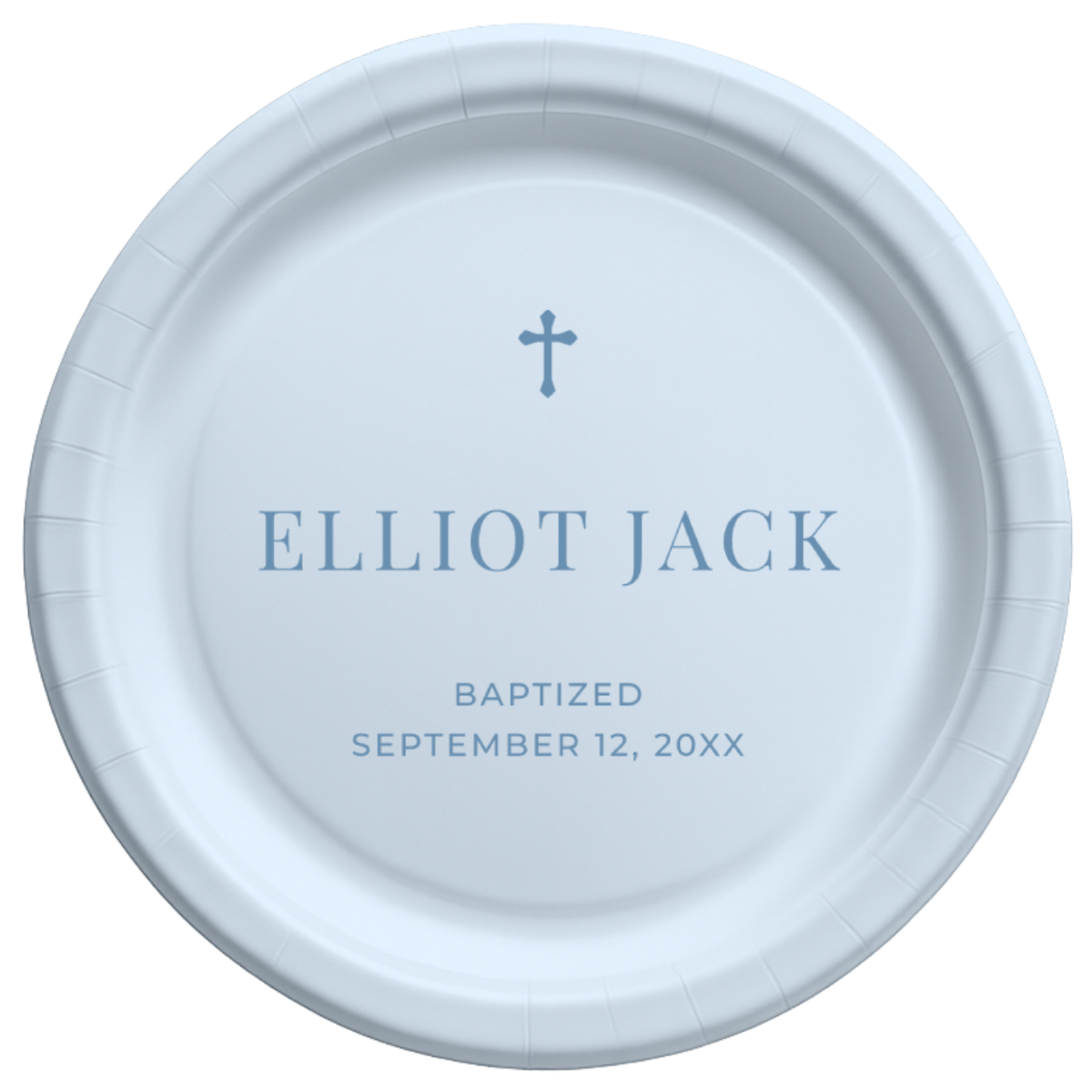 Minimal Cross baptism paper plate personalized with a name and date
