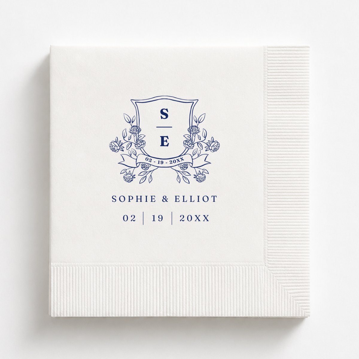Monogram Crest rehearsal dinner napkin with initials, names and date