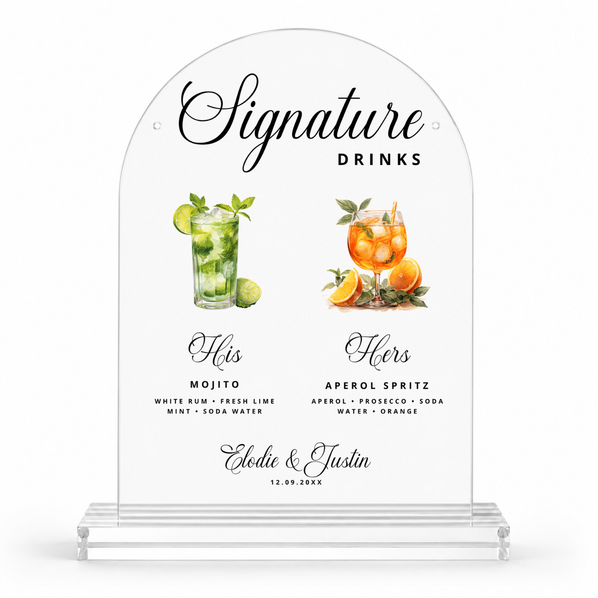 Navy his and hers signature drinks wedding bar sign with watercolor cocktails and ingredients, in an acrylic dome